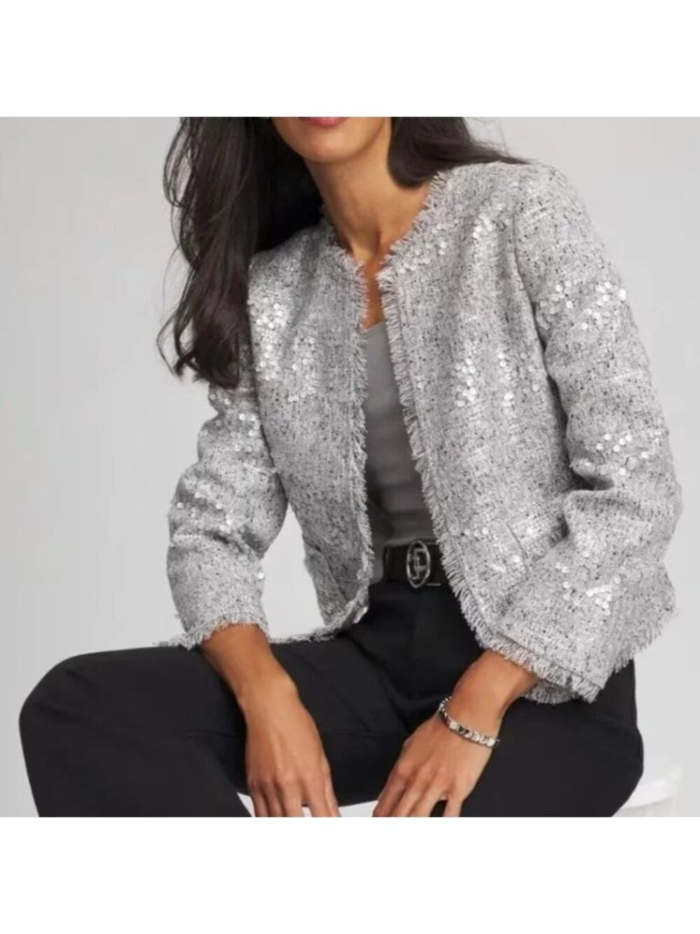 Chicos Silver Tweed Open-Front Sequin Jacket Size 2 (Large) NWT